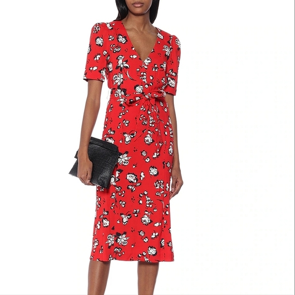 Veronica Beard Joia Red Multi Floral Print V-Neck Belted Midi Dress Size 2 - XS - Picture 3 of 15